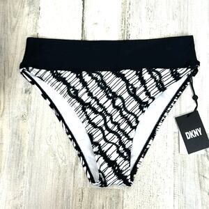 DKNY Womens L Black White High Waist Bikini Bottom Beach Swim NWT Resort